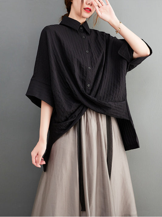 Loose Vertical Stripe Short Sleeve Shirt