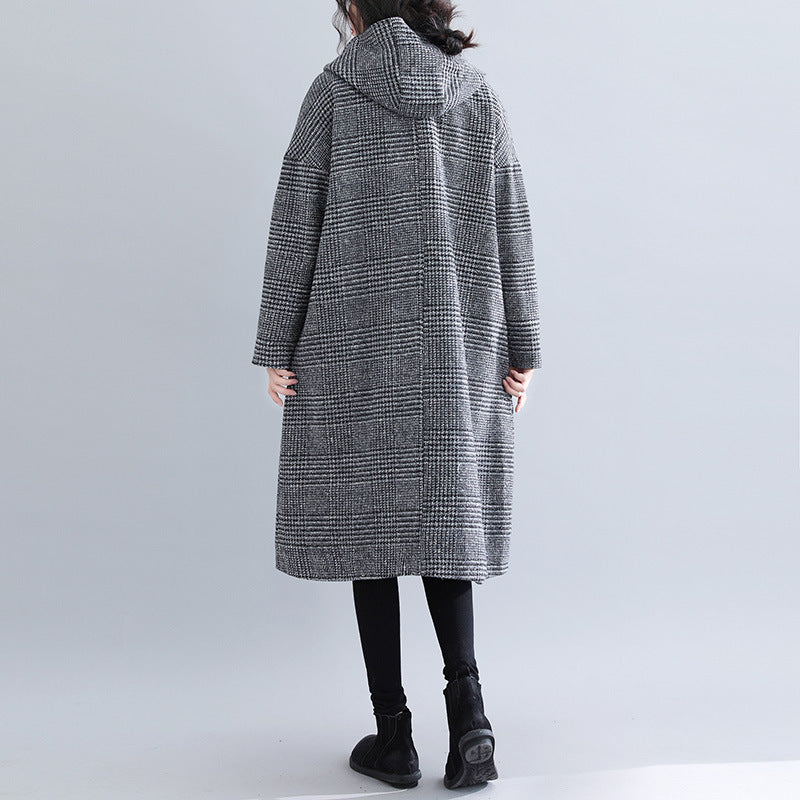 Classic Houndstooth Hooded Long Sleeve Coat