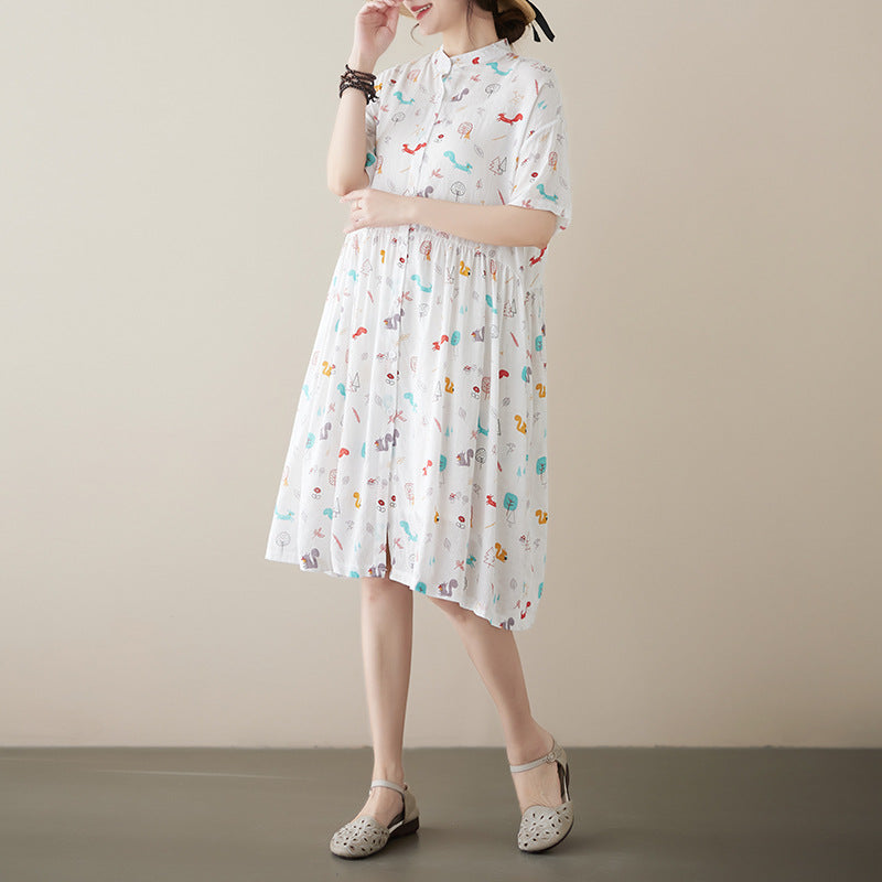 Literary Print Stand Collar Short Sleeve Midi Dress