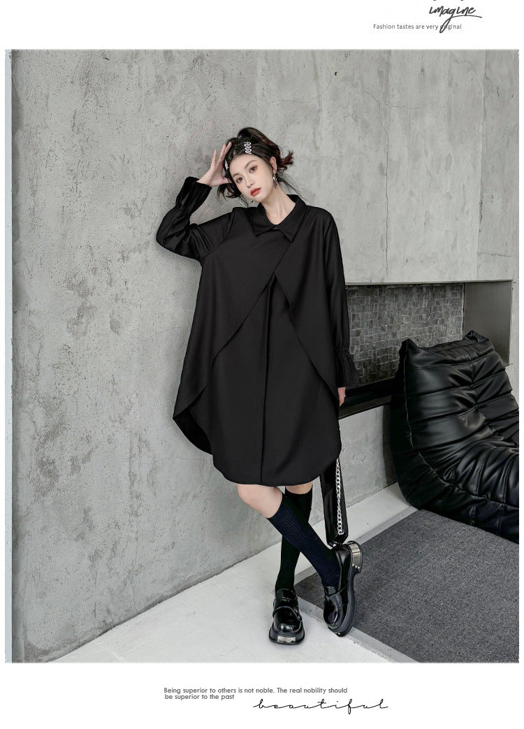 Street Style Fake Two Piece Button Long Sleeve Midi Dress