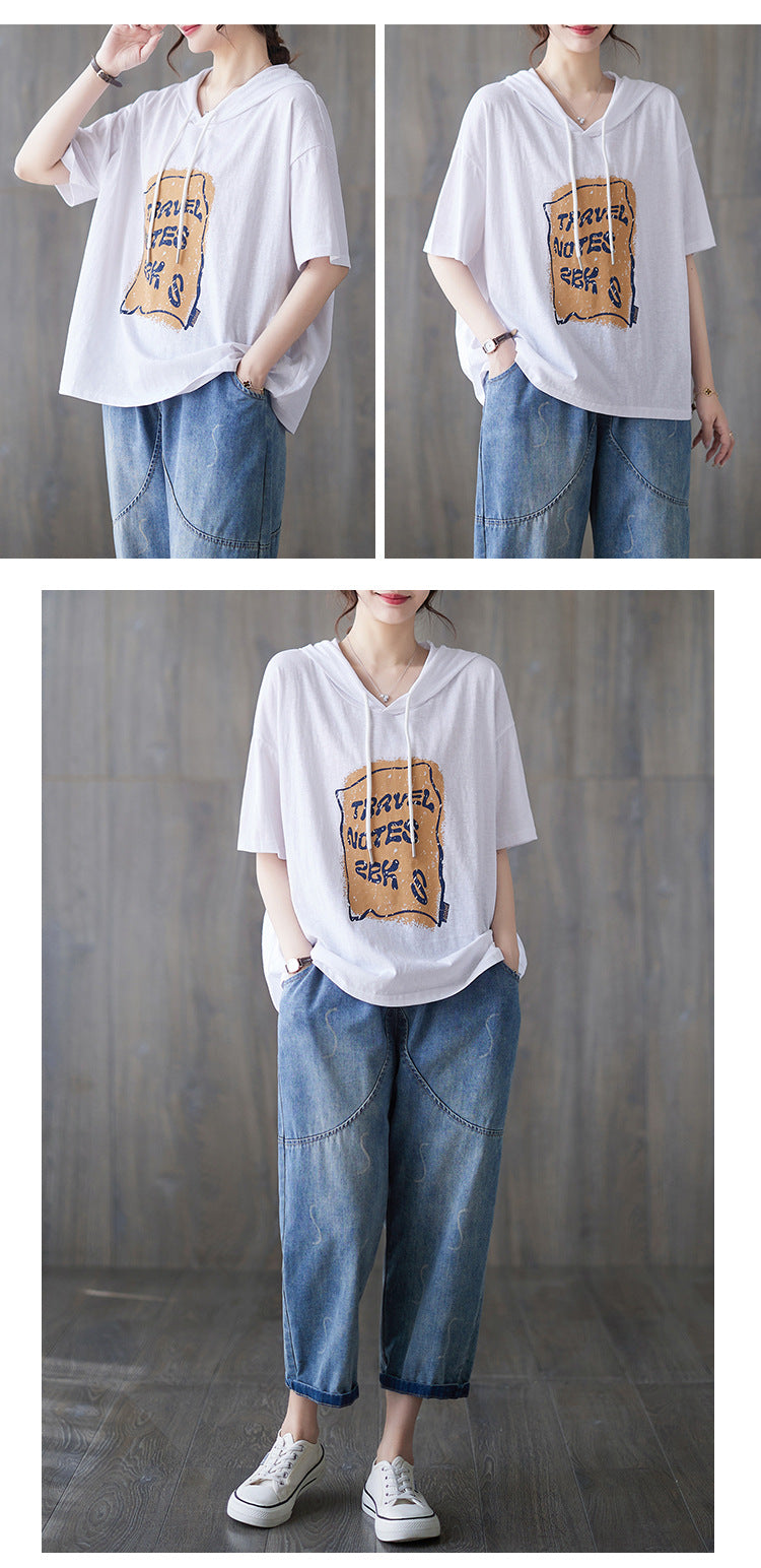 Casual Printed Hooded Short Sleeve T-shirt