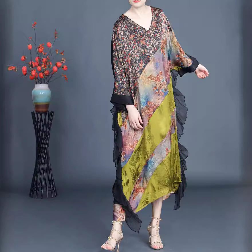 Vintage Jacquard Splicing Bat Sleeve V-Neck Maxi Dress