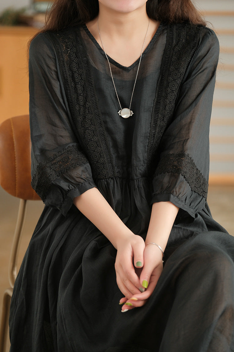 Literary Simple Seven-quarter Sleeve Lace-up Maxi Dress