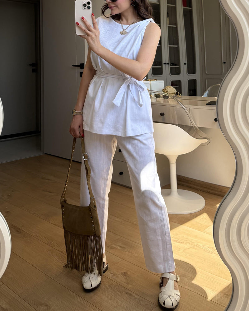 Solid Color Design One-Sleeve Top & Pants Two-Piece Set