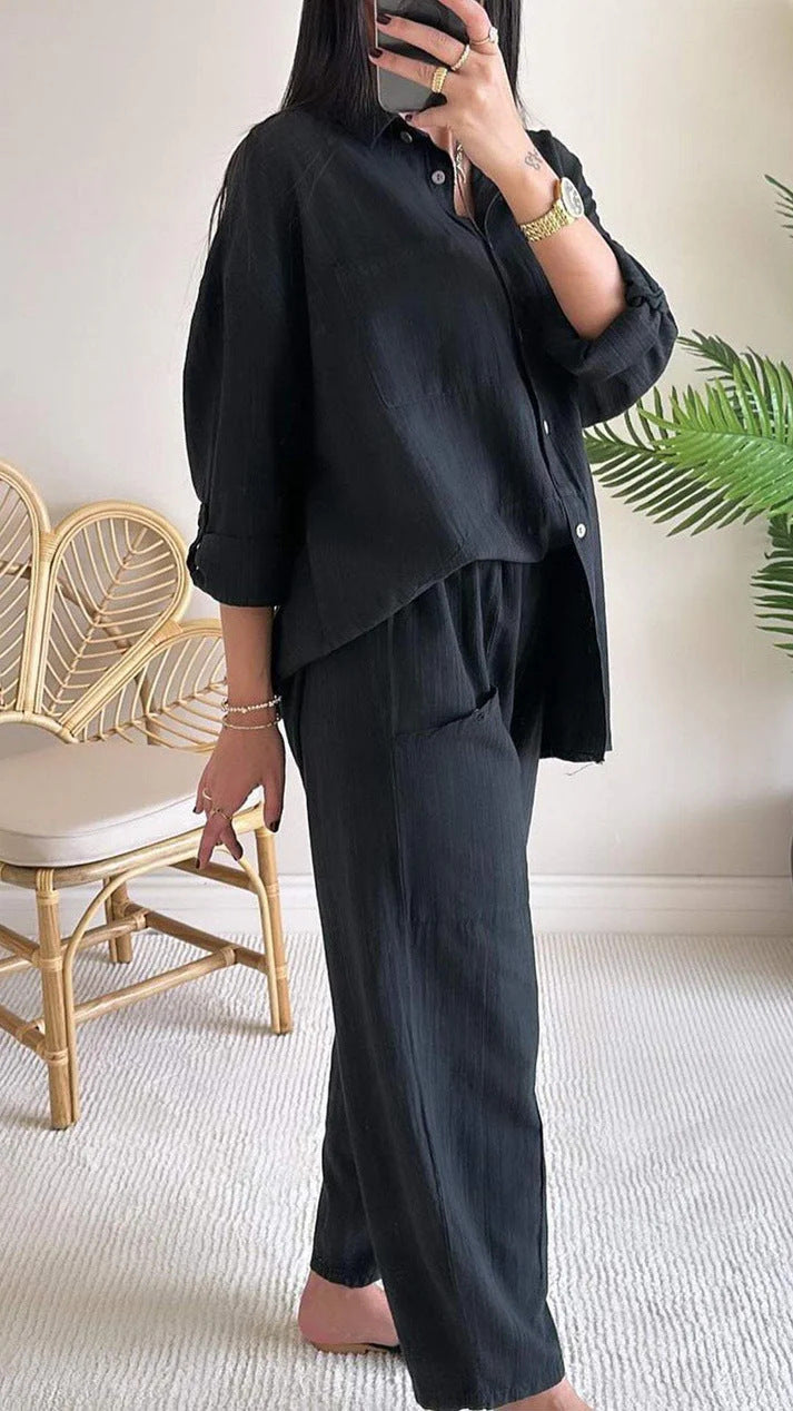 Casual Loose Lapel Shirt High Waist Trousers Two-piece Suit