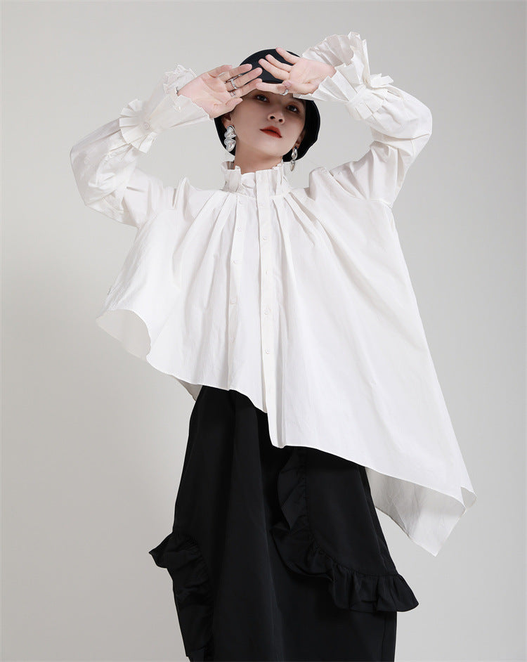 Irregular Solid Color Stand Collar Long Sleeve Shirt
