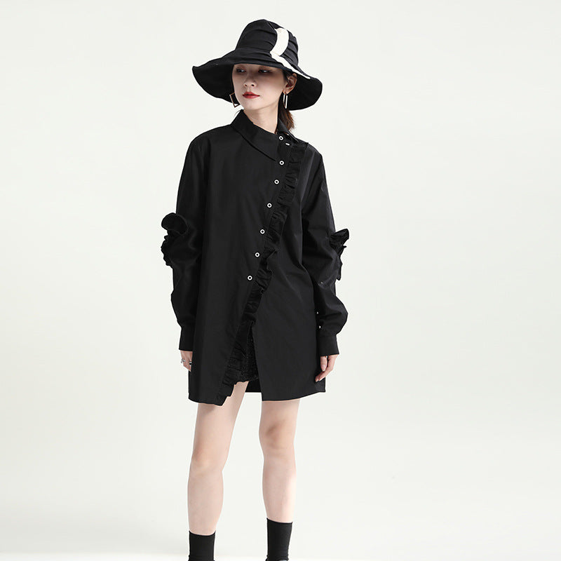Special Asymmetric Collar Solid Color Long Sleeve Shirt
