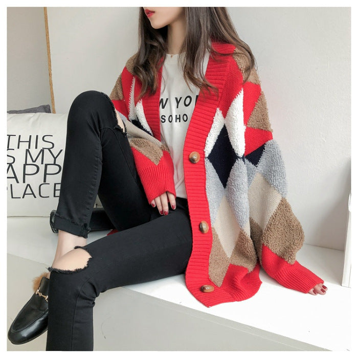 Literary Rhombus Plaid Sweater Outerwear
