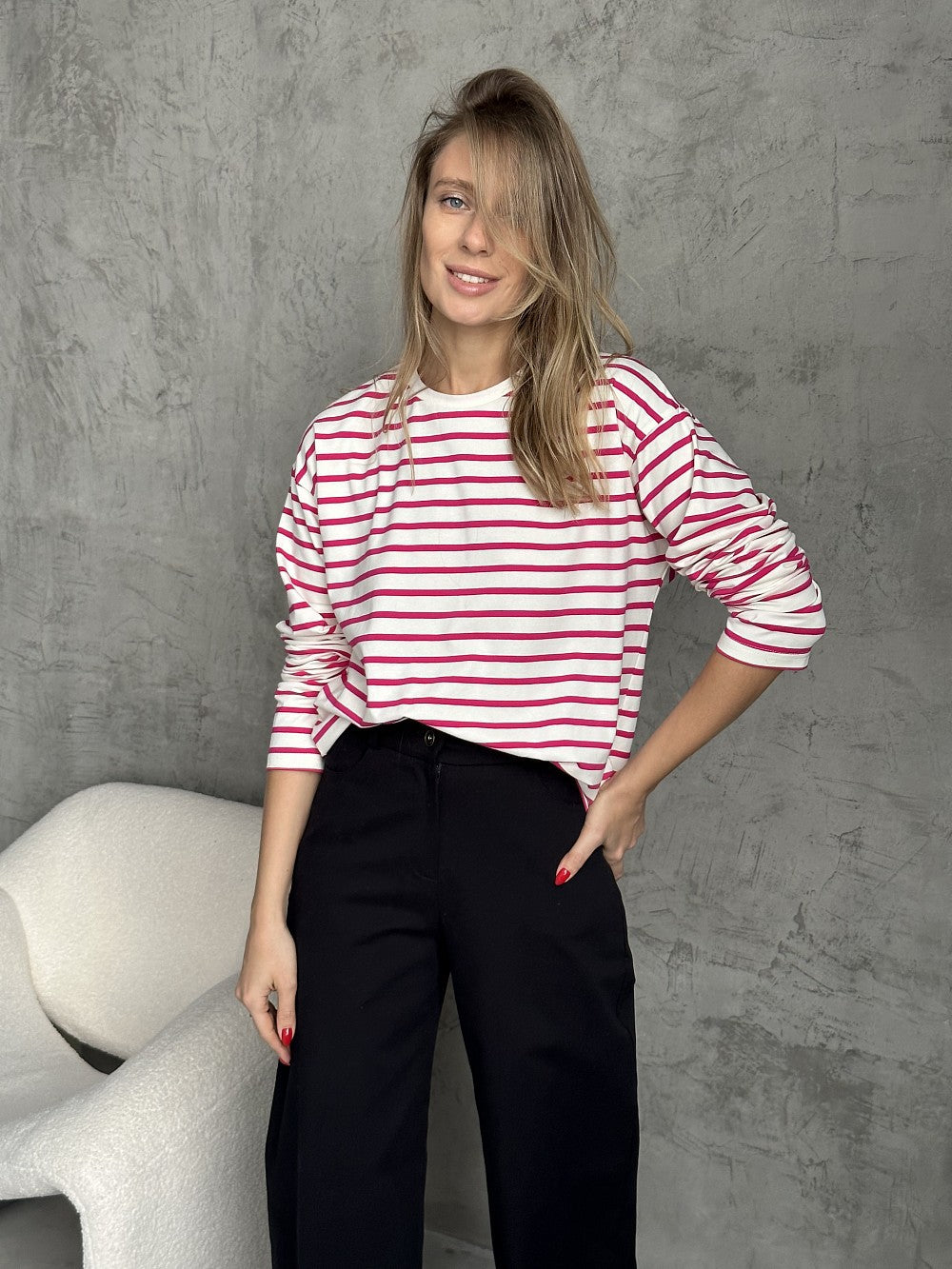 Long-sleeved striped T-shirt casual round neck cotton striped loose top