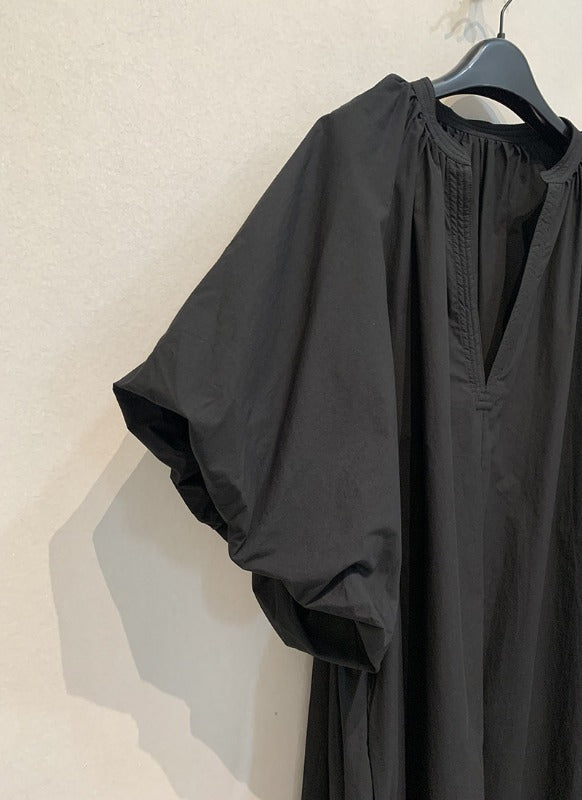 V-Neck Loose Casual Puffy Sleeves Solid Color Maxi Dress