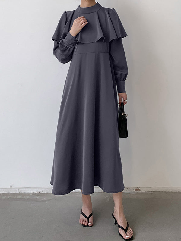 A-Line Long Sleeves Ruffle Trim Solid Color Tied Waist Mock Neck Midi Dresses
