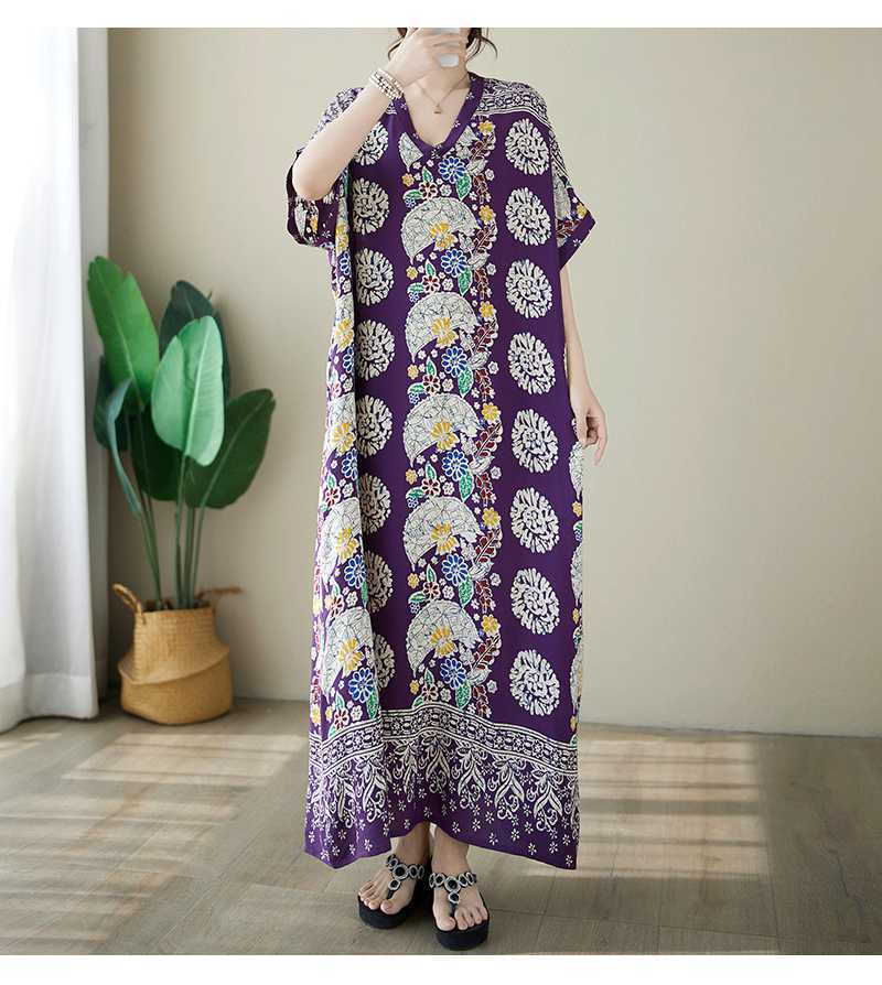 Retro Printed V-Neck Short Sleeve Maxi Dress