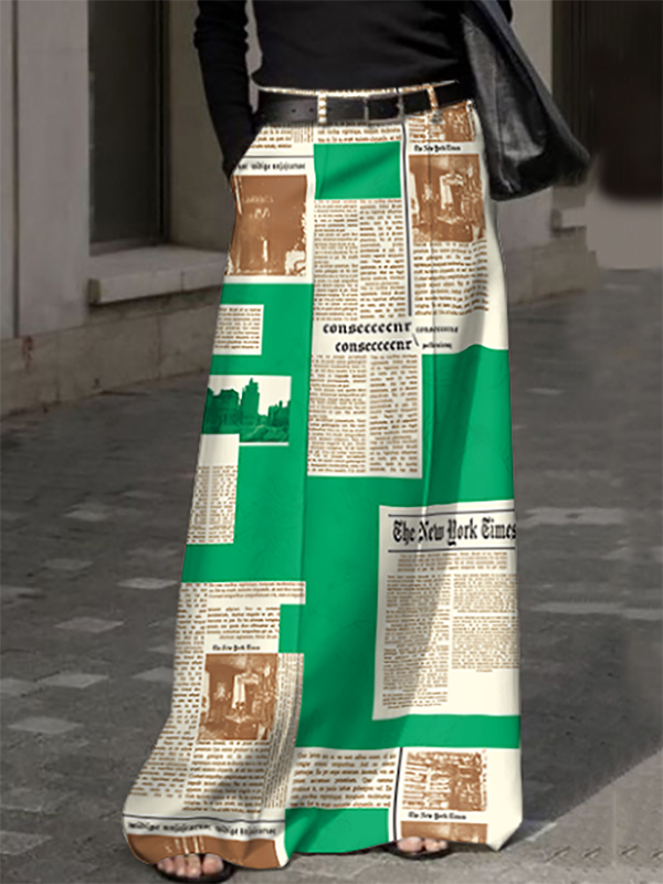 High Waisted Loose Newspaper Print Pockets Skirts Bottoms