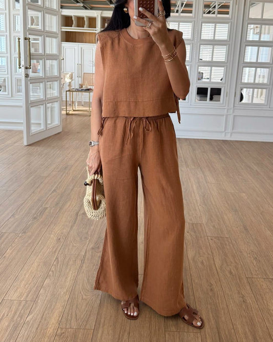 Casual Round Neck Lace-Up Sleeveless Top & Pants Two-Piece Set