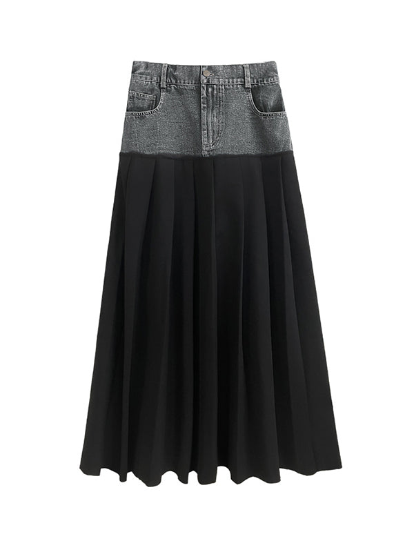 A-Line High Waisted Contrast Color Pleated Split-Joint Skirts Bottoms
