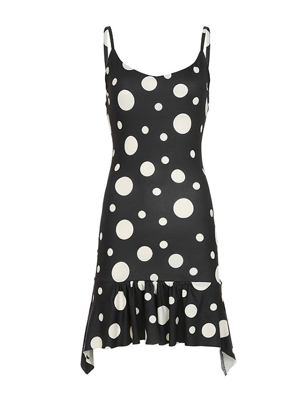 Sleeveless Contrast Color Pleated Polka-Dot Spaghetti-Neck Mini Dresses
