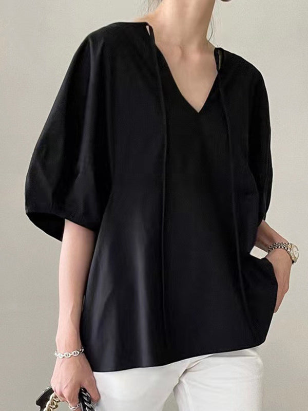 Elegant Round Neck Solid Color Loose Lantern Sleeve Shirt