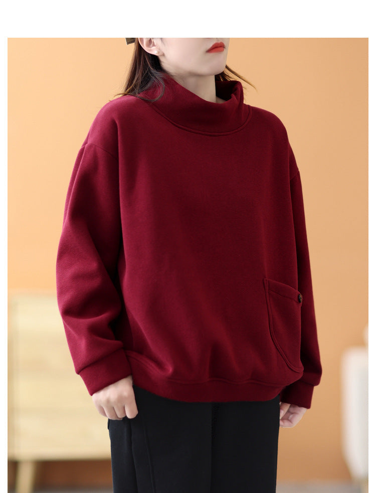Casual Solid Color High Collar Velvet Sweatshirt