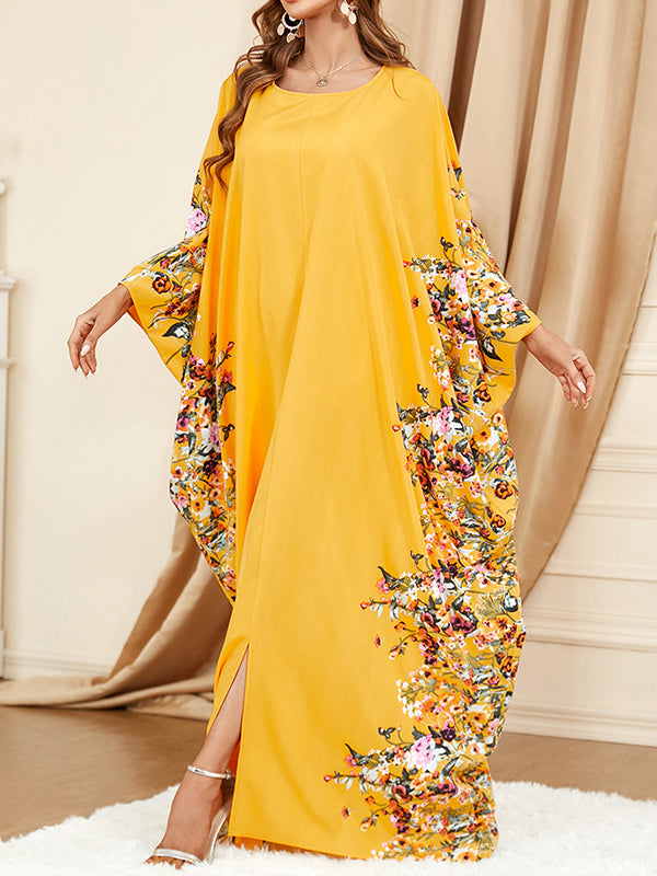 Batwing Sleeves Loose Muslim Printed Split-Front Round-Neck Maxi Dresses
