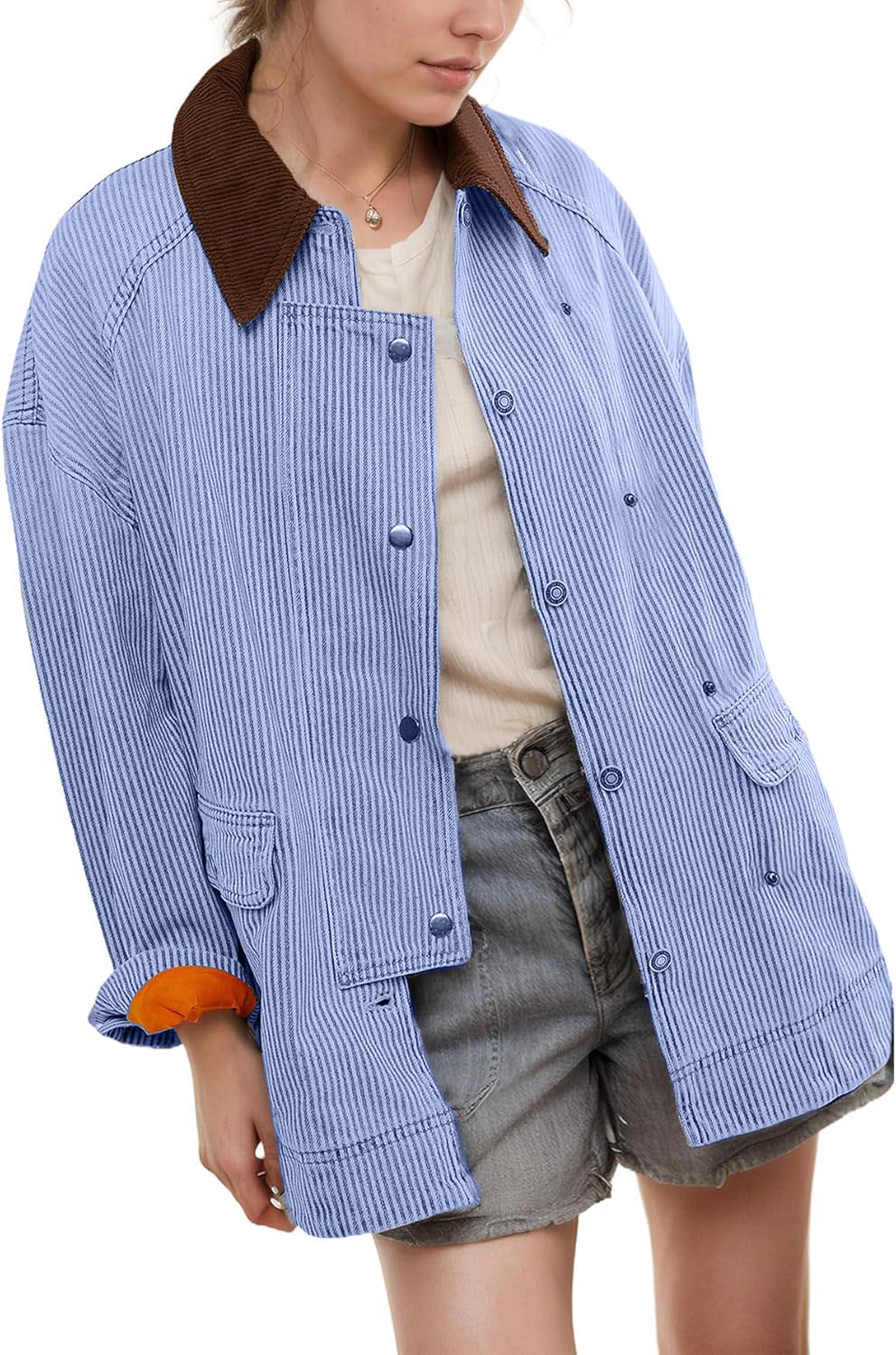 Casual Oversized Stripe Button-Down Denim Jacket (Buy 2 Free Shipping)