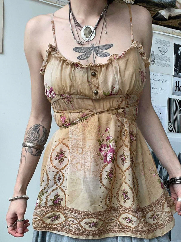 Loose Sleeveless Buttoned Contrast Color Flower Print Tied Spaghetti-Neck Vest Top