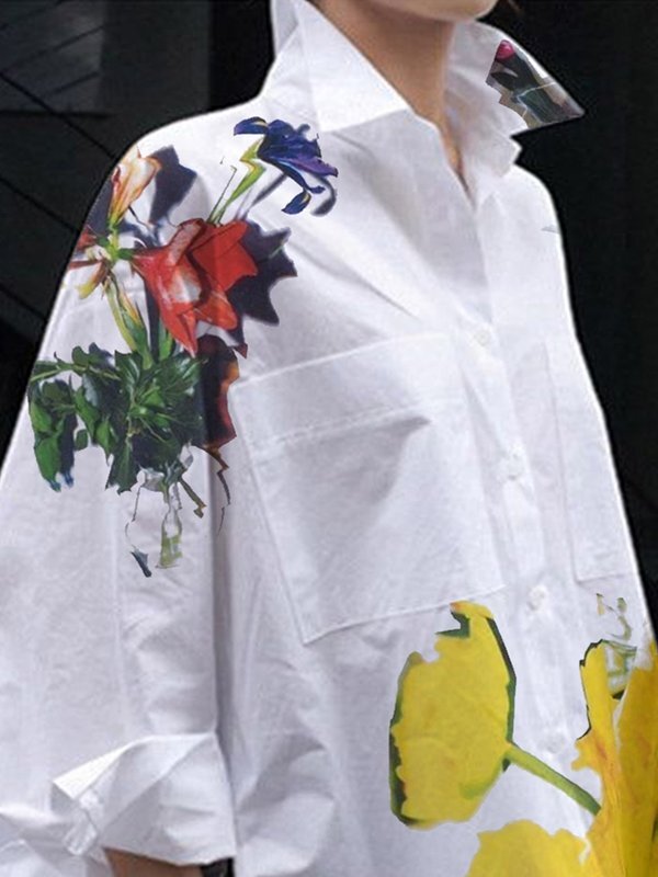 High-Low Long Sleeves Buttoned Flower Print Pockets Split-Side Stand Collar Blouses&Shirts Tops