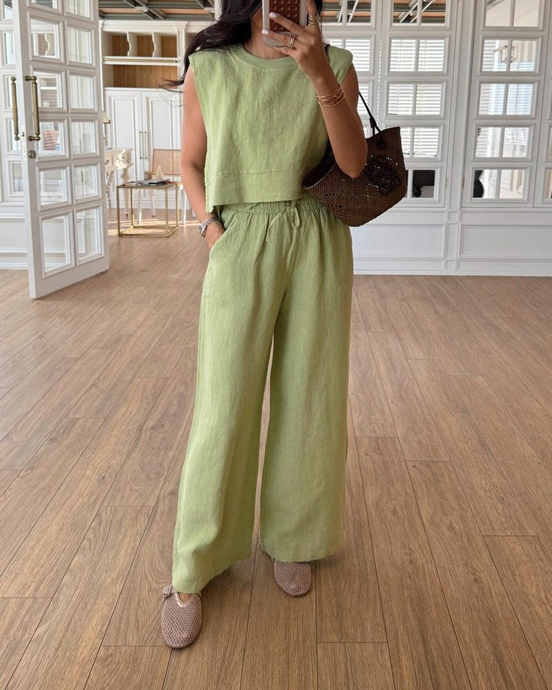 Casual Round Neck Lace-Up Sleeveless Top & Pants Two-Piece Set