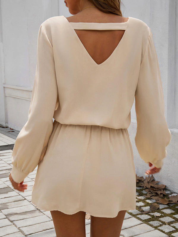 A-Line High Waisted Elasticity Pleated Solid Color V-Neck Mini Dresses