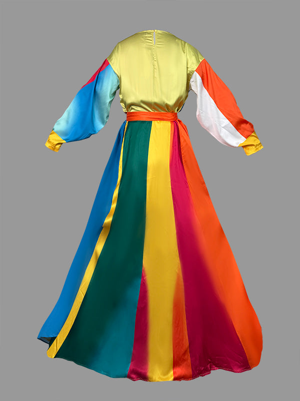 A-Line Long Sleeves Colorful Contrast Color Pockets Tied Waist Round-Neck Maxi Dresses