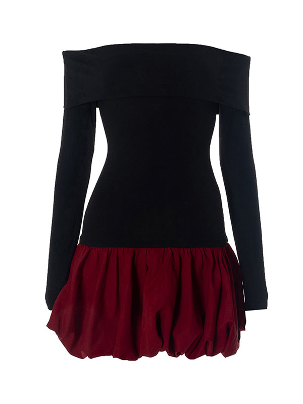 High Waisted Long Sleeves Contrast Color Pleated Split-Joint Off-The-Shoulder Mini Dresses