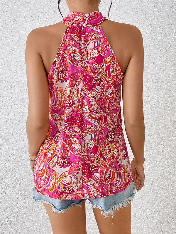 Loose Sleeveless Buttoned Contrast Color Flower Print Halter-Neck Vest Top
