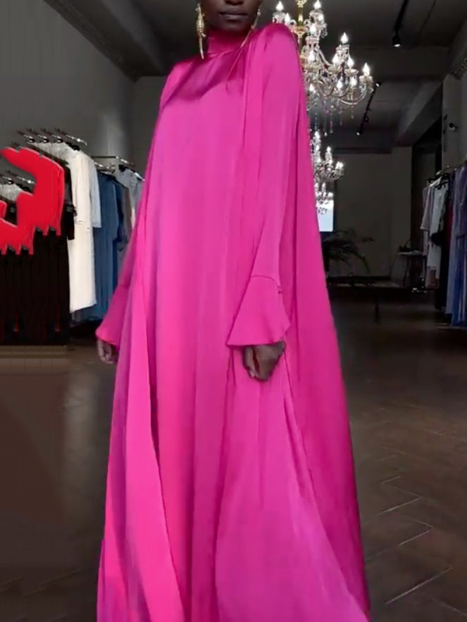 Flared Sleeves Long Sleeves Solid Color High-Neck Maxi Dresses