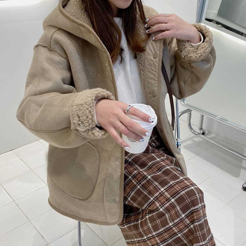 Simple Lambswool Thickened Hooded Jacket