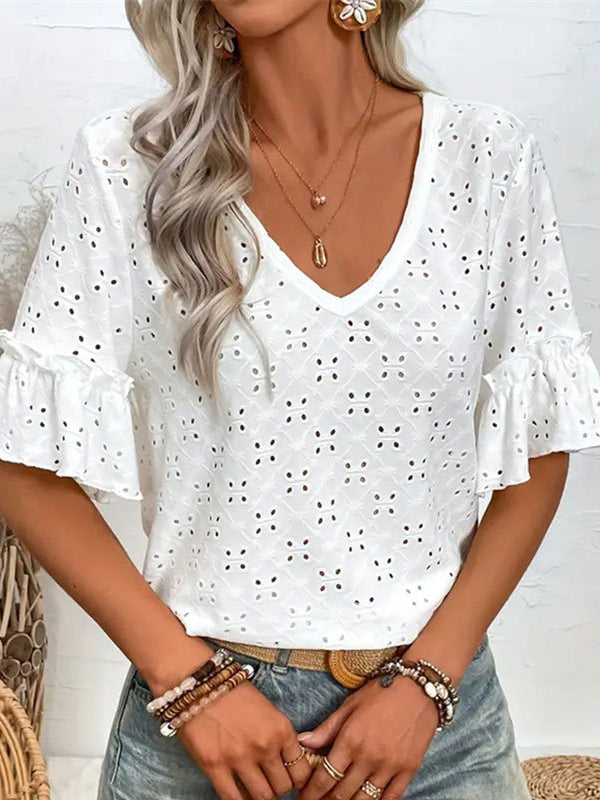 Half Sleeves Loose Hollow Pleated Ruffled Solid Color V-Neck T-Shirts