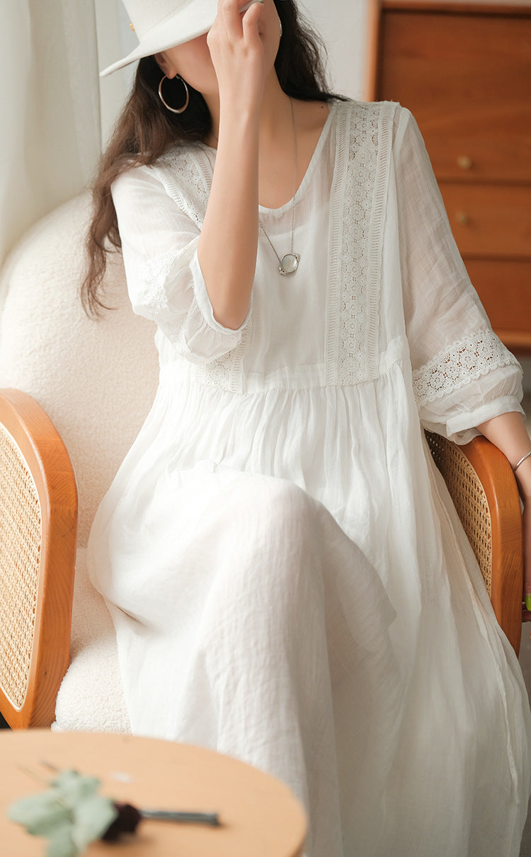 Literary Simple Seven-quarter Sleeve Lace-up Maxi Dress