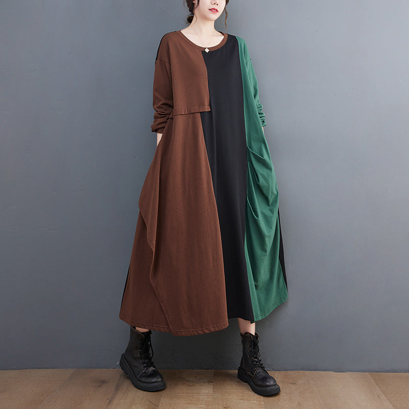 Loose Color Blocking Splicing Round Neck Midi Dress