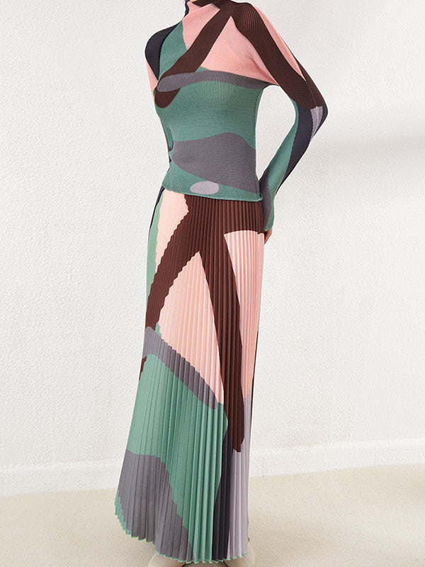 A-Line Loose Contrast Color Pleated Skirts Bottoms