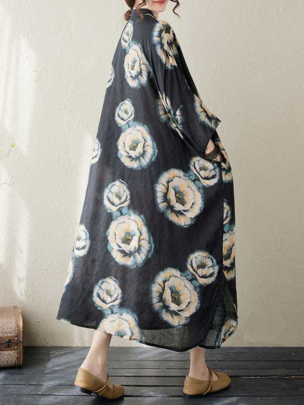 Loose Three-quarter Sleeves Buttoned Flower Print Stand Collar Midi Dresses