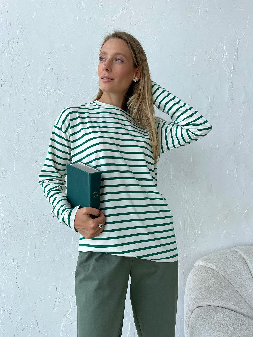 Long-sleeved striped T-shirt casual round neck cotton striped loose top