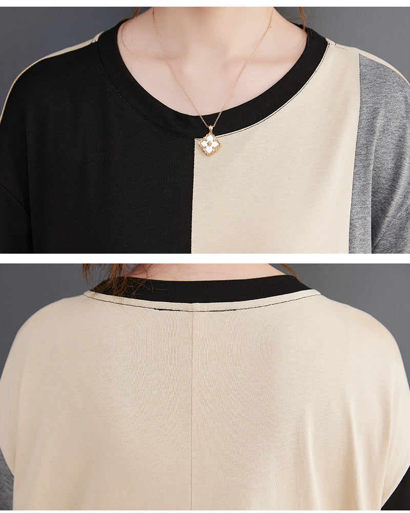 Loose Color Blocking Splicing Round Neck Midi Dress