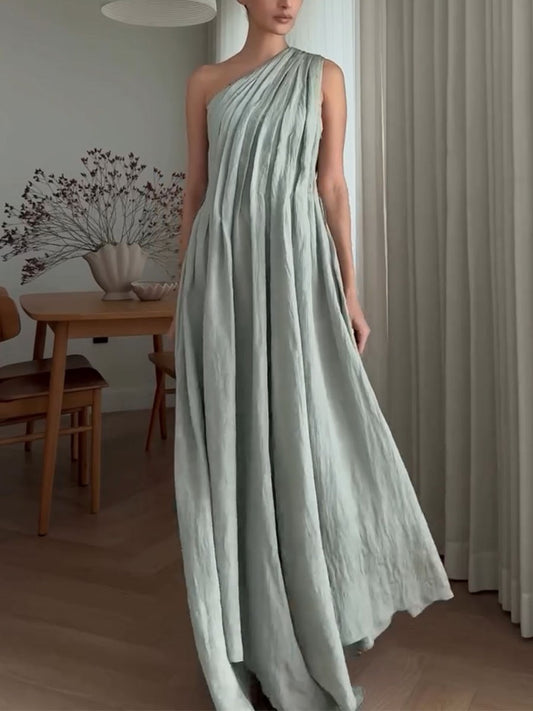 Pleated one-shoulder cotton and linen dress