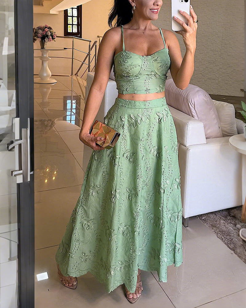 Floral Jacquard Strap Top Skirt Two-Piece Set