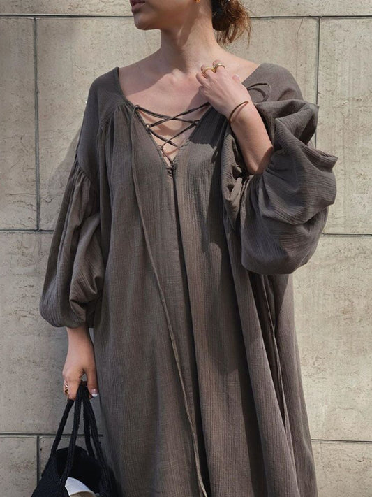 Loose Lace-up Bubble Sleeve Maxi Dress