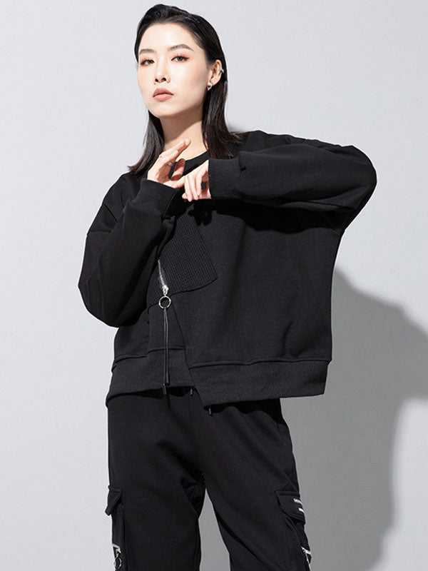 Casual Loose Long Sleeves Asymmetric Solid Color Zipper Round-Neck Sweatshirt Tops