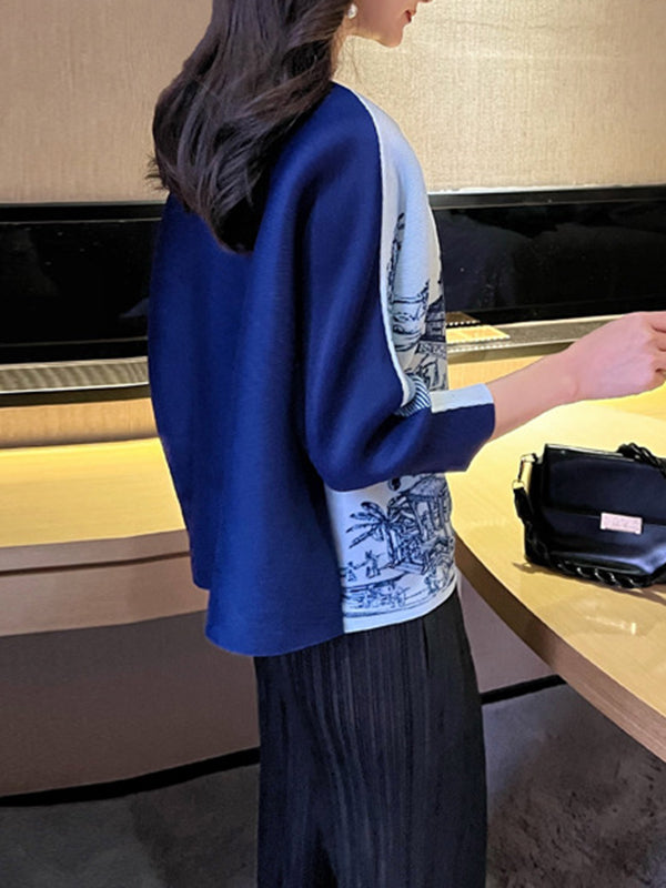 Batwing Sleeves Loose Buttoned Contrast Color Pleated Printed V-Neck T-Shirts Tops