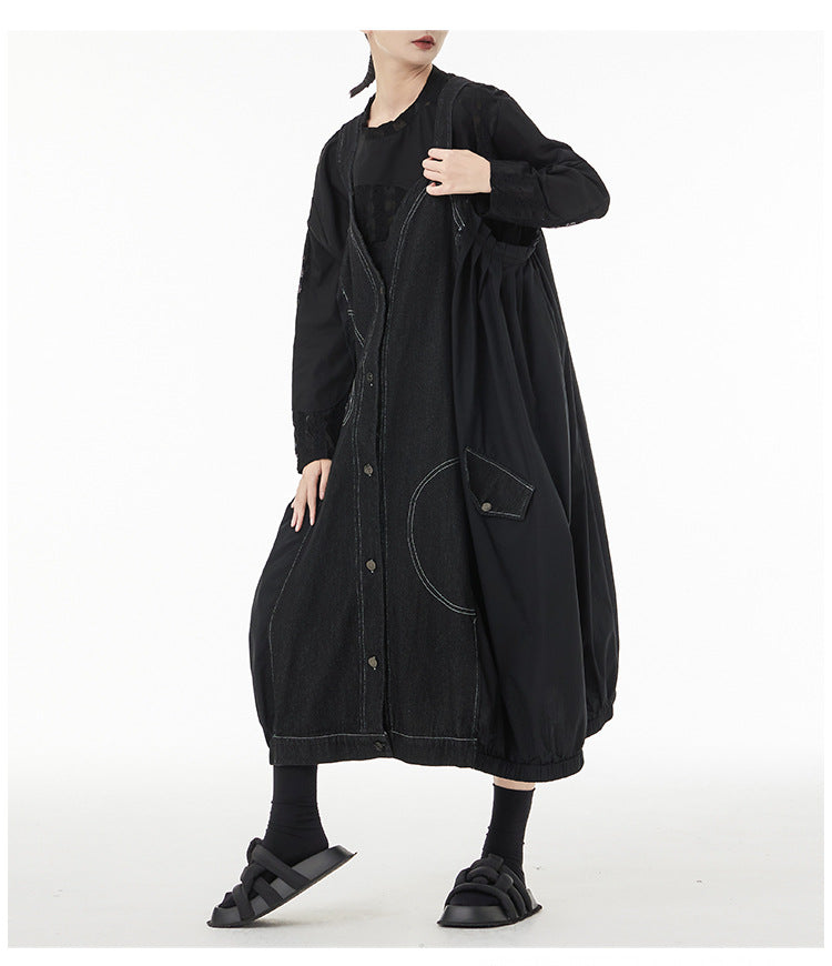 Vintage Splicing Denim Suspender Midi Dress