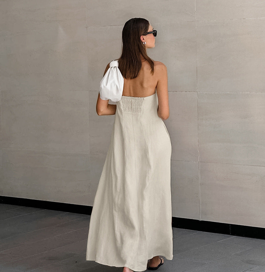 Vacation Cotton-Linen Solid Sheath Backless Maxi Dress