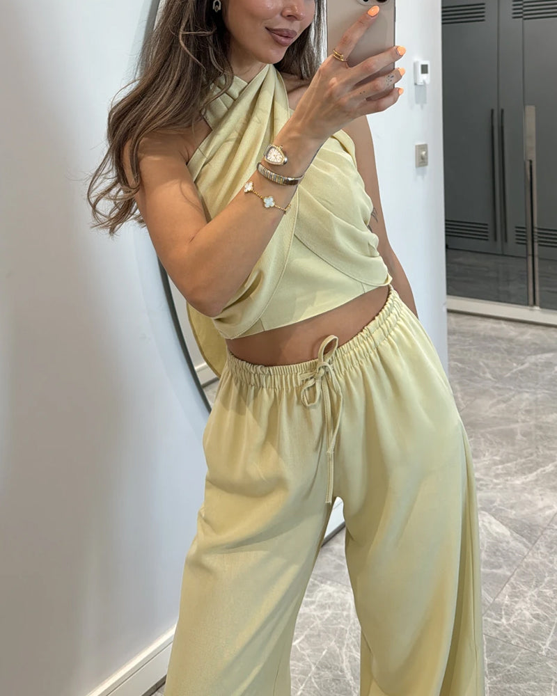 Casual Solid Color Lace-Up Top & Pants Two-Piece Set