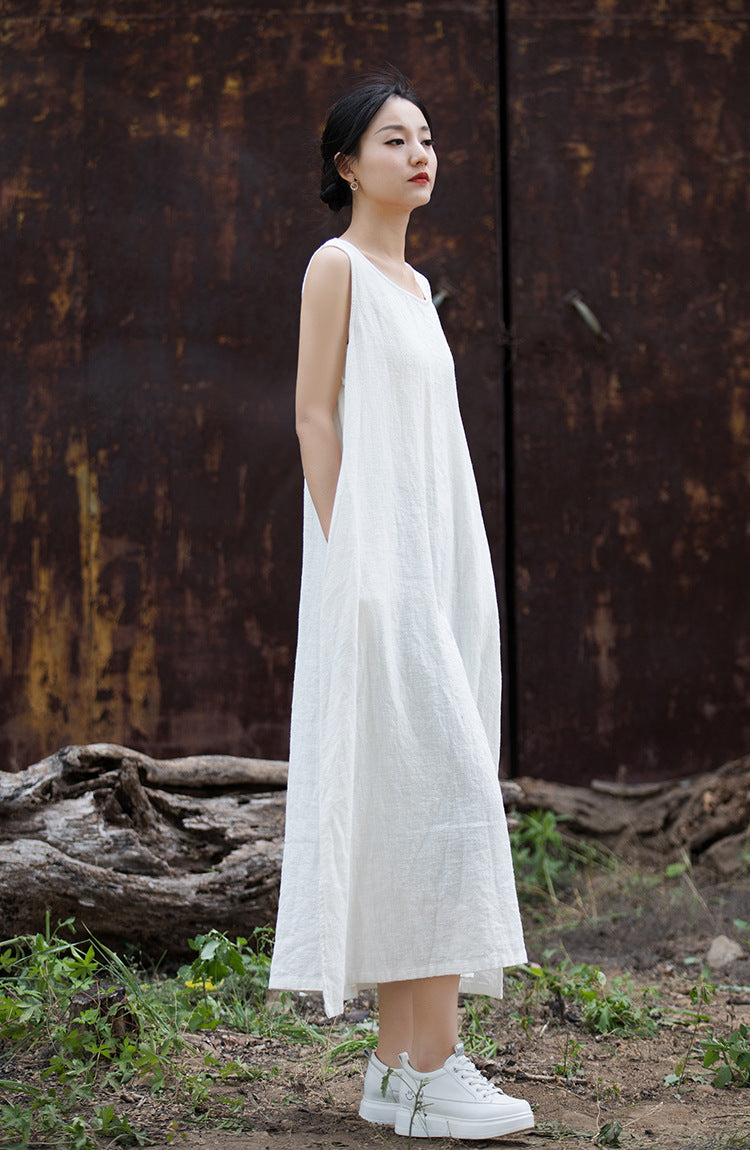 Simple Ramie Sleeveless Lace-up Midi Dress