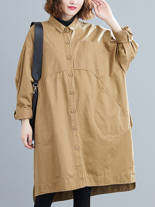 Literary Solid Color Lapel Long Sleeve Trench Coat